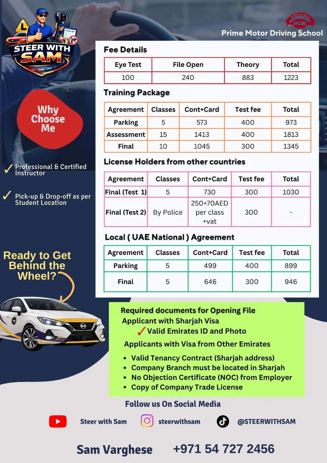Steer with Sam flyer for Prime Motor Driving School, showing fee tables, training packages and documents for opening a file.