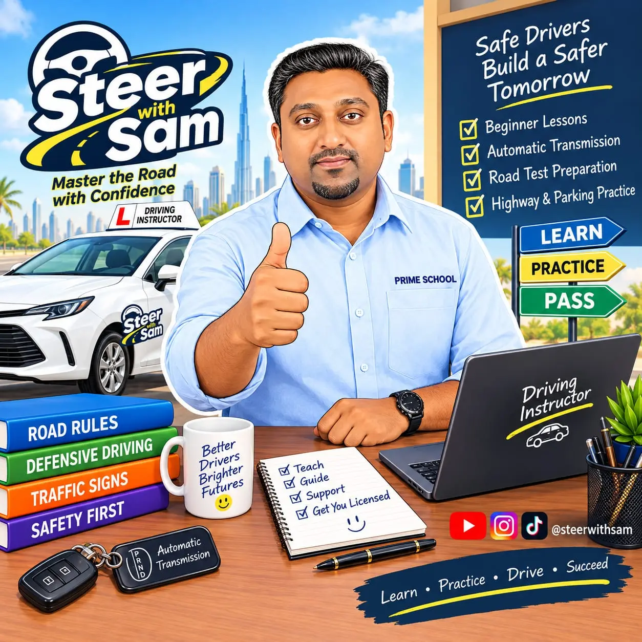 Steer with Sam promotional artwork featuring Sam Varghese, with beginner lessons, automatic transmission, road test preparation, and highway and parking practice.